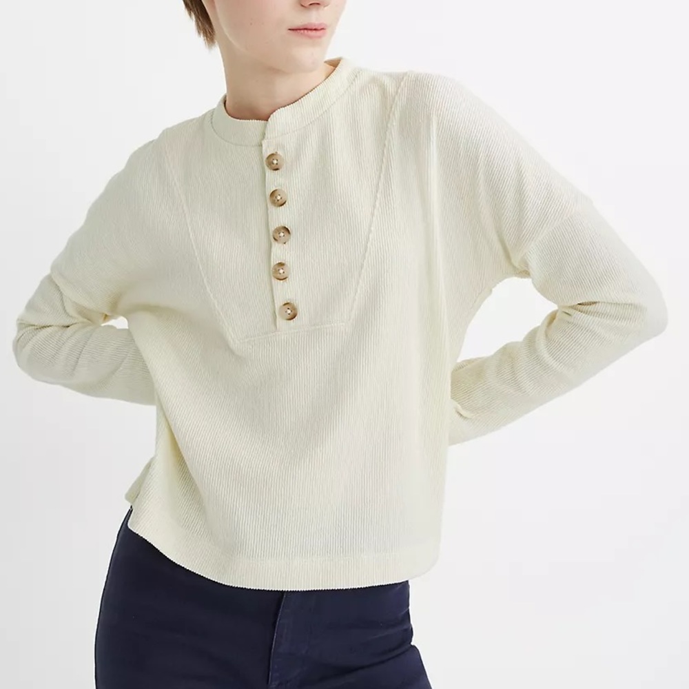 Texture & Thread | Off White Textured Seamed Henley Top